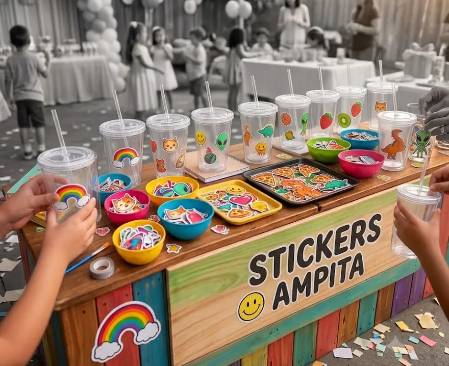 Stand de Stickers Ampita en un evento, con vasos y bandejas de stickers